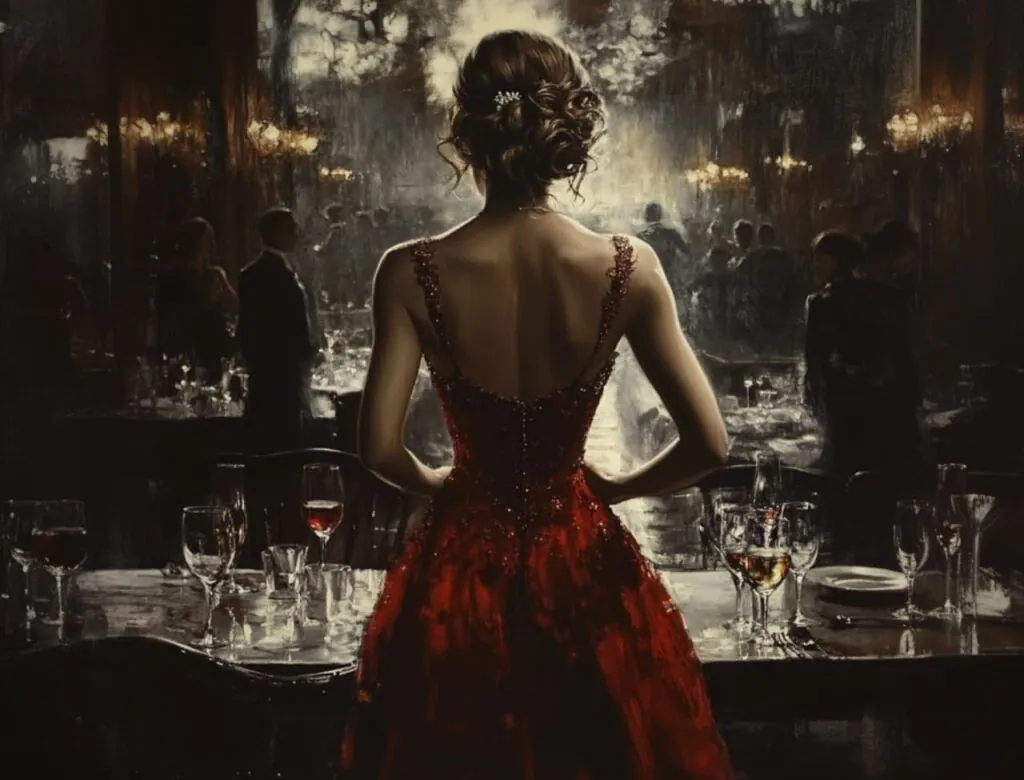 A woman in a stylish cocktail-length dress—perfect for a cocktail party.