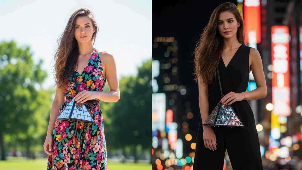 Day look with a pyramid handbag and casual outfit