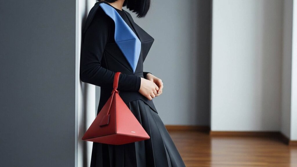 Evening outfit styled with pyramid handbag