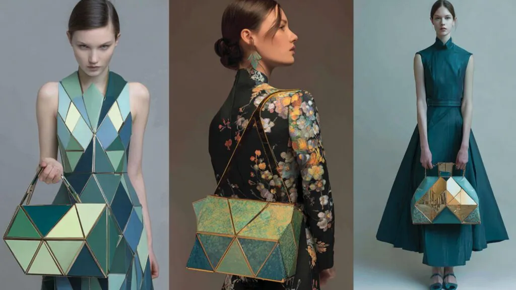 Designer geometric bags with bold forms on display