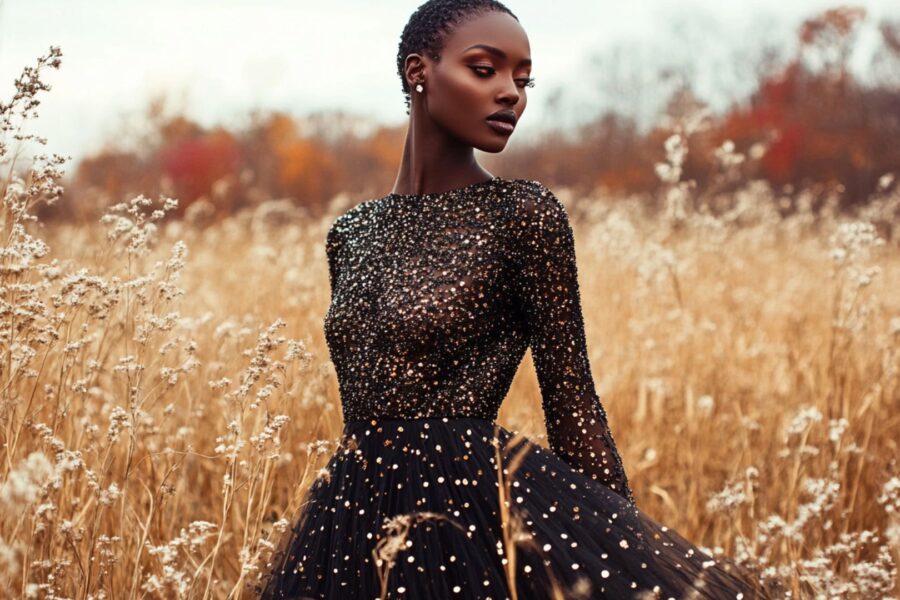 Layered beaded dress outfit for cool weather looks