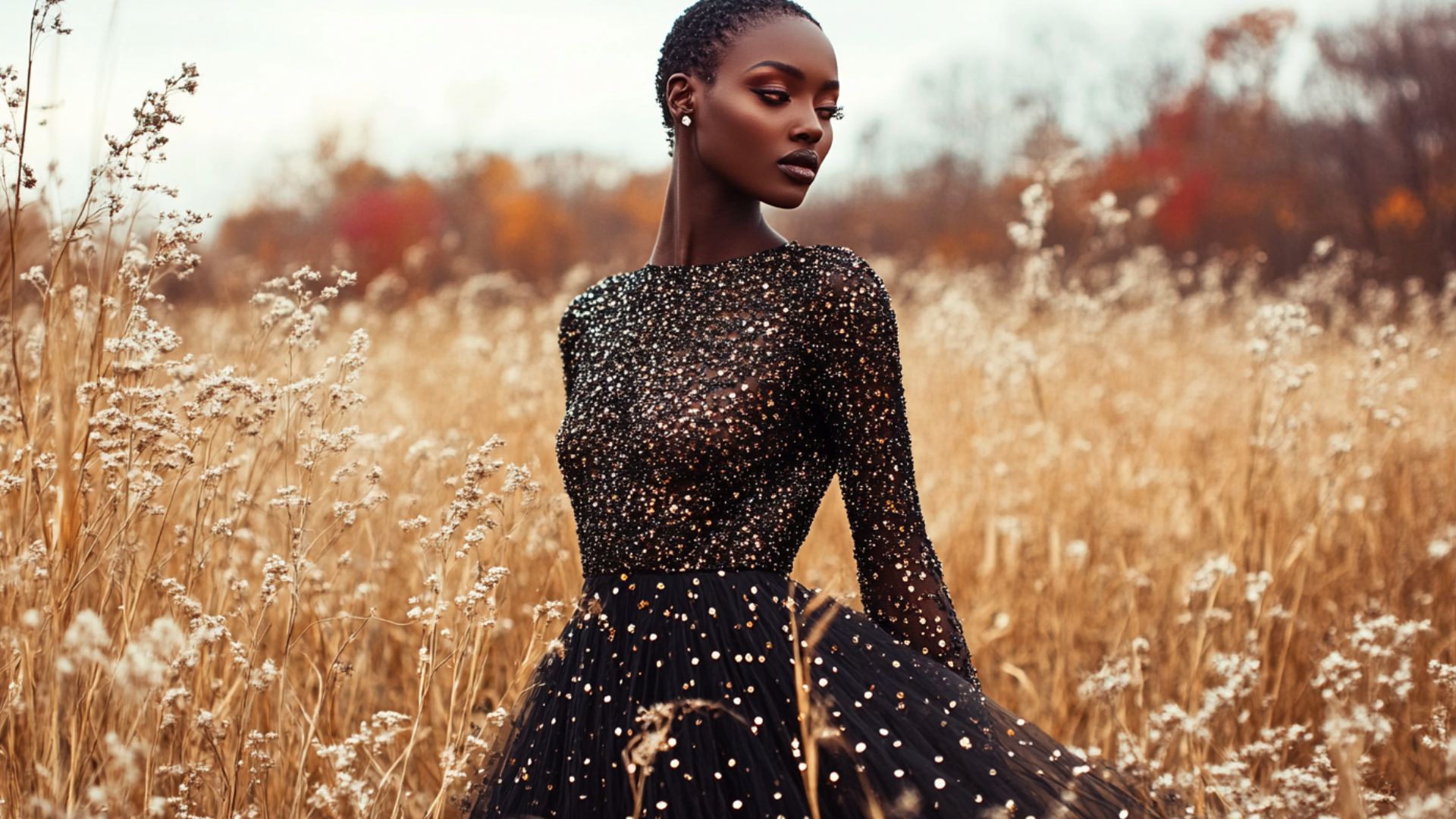 Layered beaded dress outfit for cool weather looks
