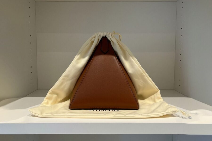 Stylish pyramid purse on shelf with protective storage setup