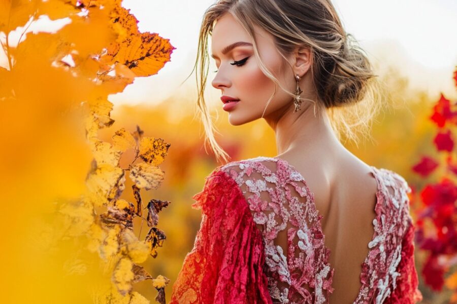 Elegant fall wedding guest outfit in seasonal colors