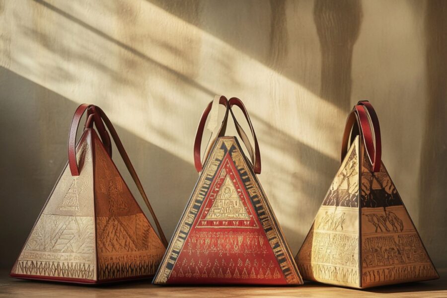 Pyramid-shaped handbag showcasing modern fashion with ancient symbolism