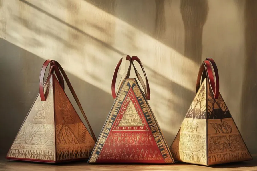 Pyramid-shaped handbag showcasing modern fashion with ancient symbolism