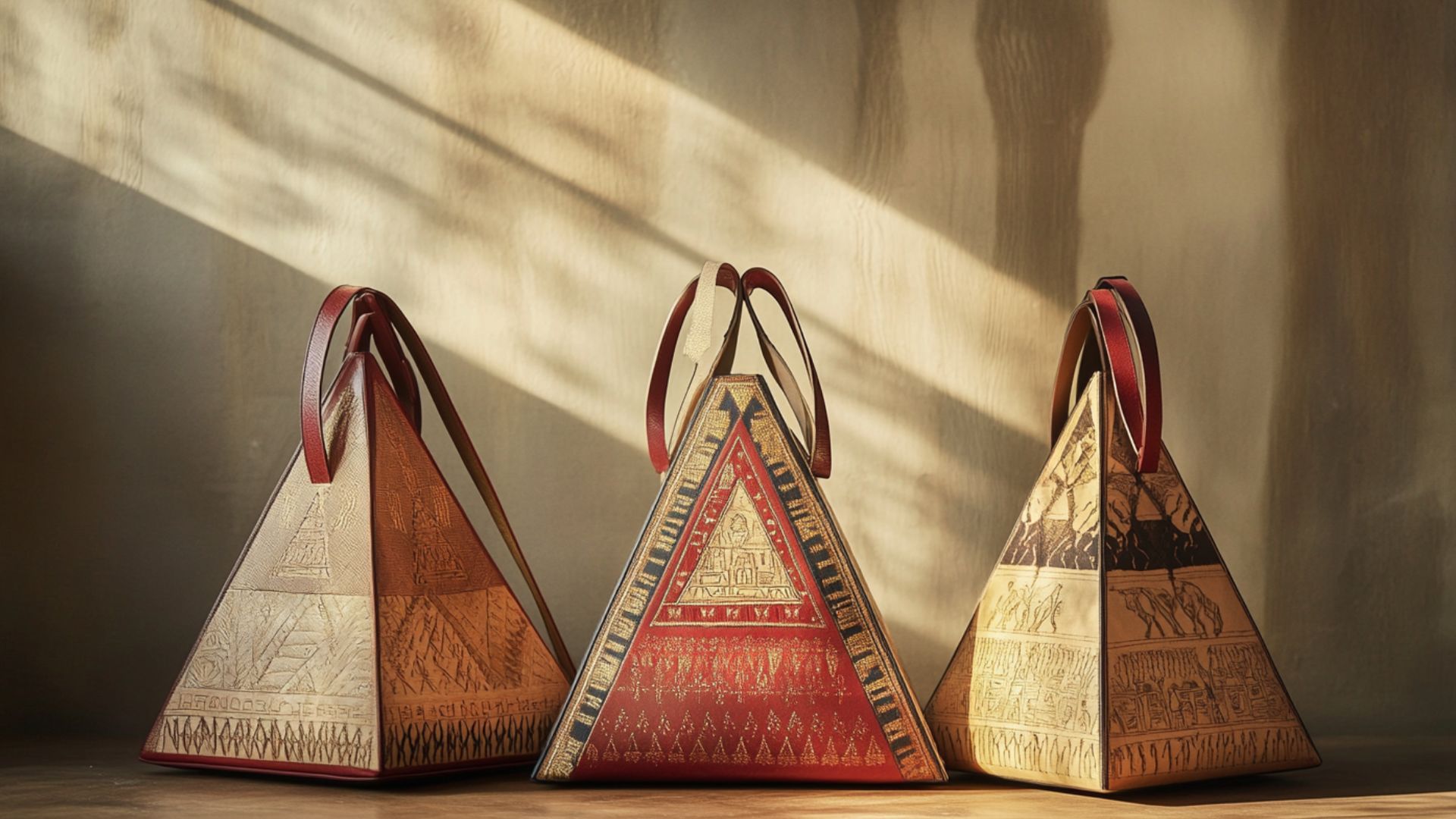 Pyramid-shaped handbag showcasing modern fashion with ancient symbolism