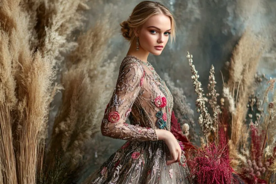 Handmade beaded evening dress with luxurious embroidery