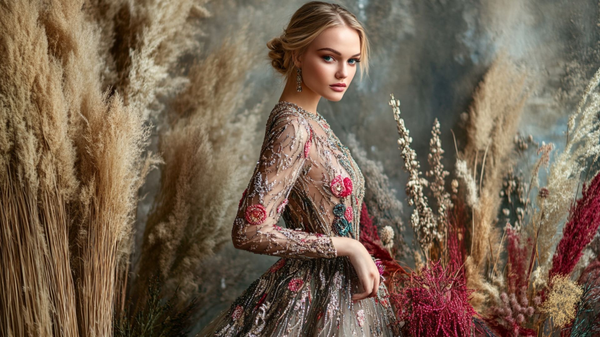 Handmade beaded evening dress with luxurious embroidery