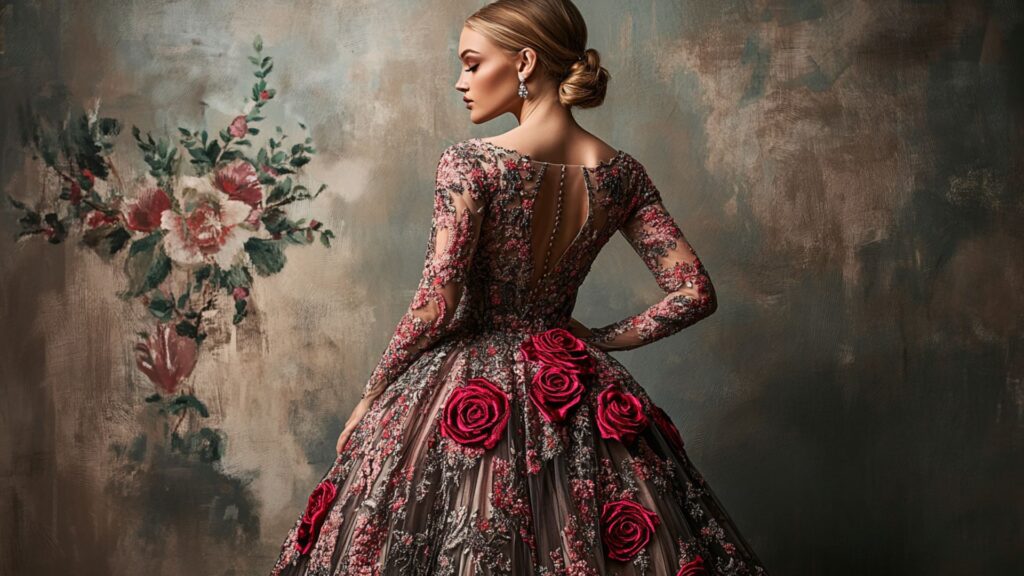 Elegant luxury evening gown with detailed hand embroidery