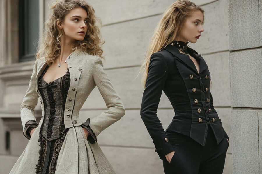 Corset top styled with tailored jacket showcasing 2025 fashion trends