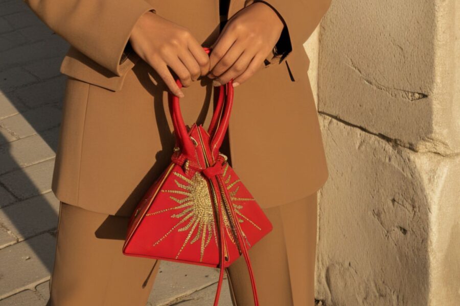 Luxury pyramid bag showcased as a unique designer geometric handbag