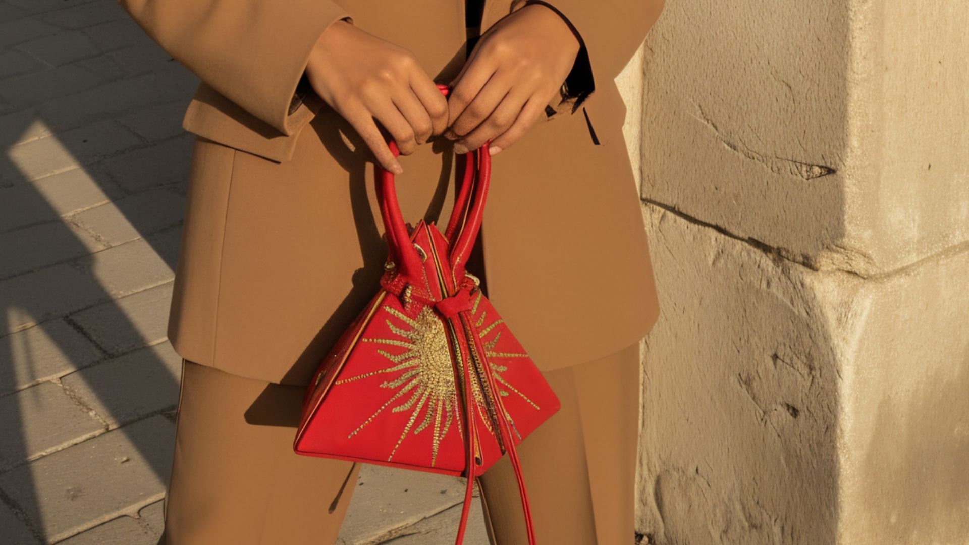 Luxury pyramid bag showcased as a unique designer geometric handbag