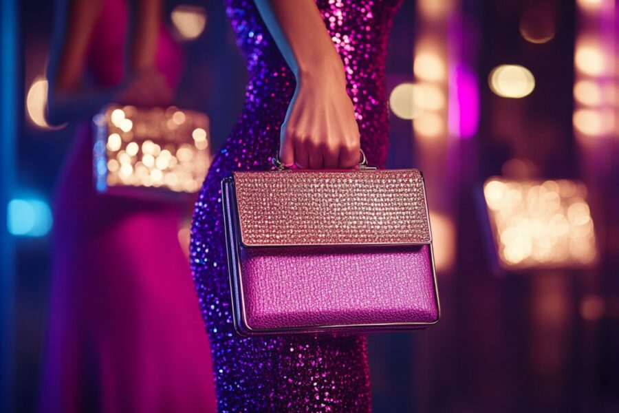Elegant evening bag with designer mini dress outfit