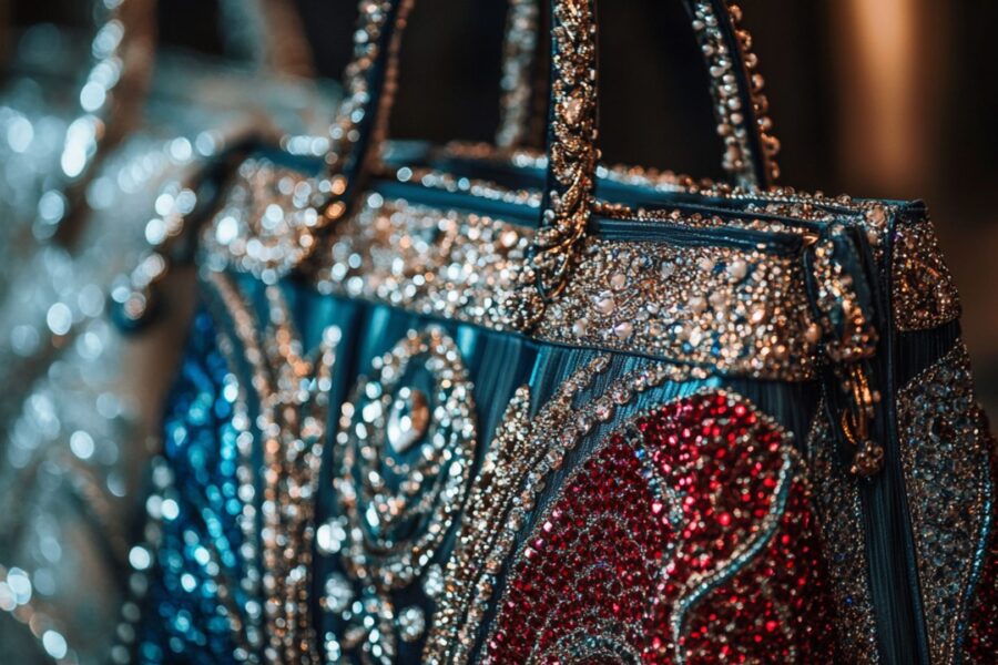 Beaded evening dress paired with a luxury clutch bag