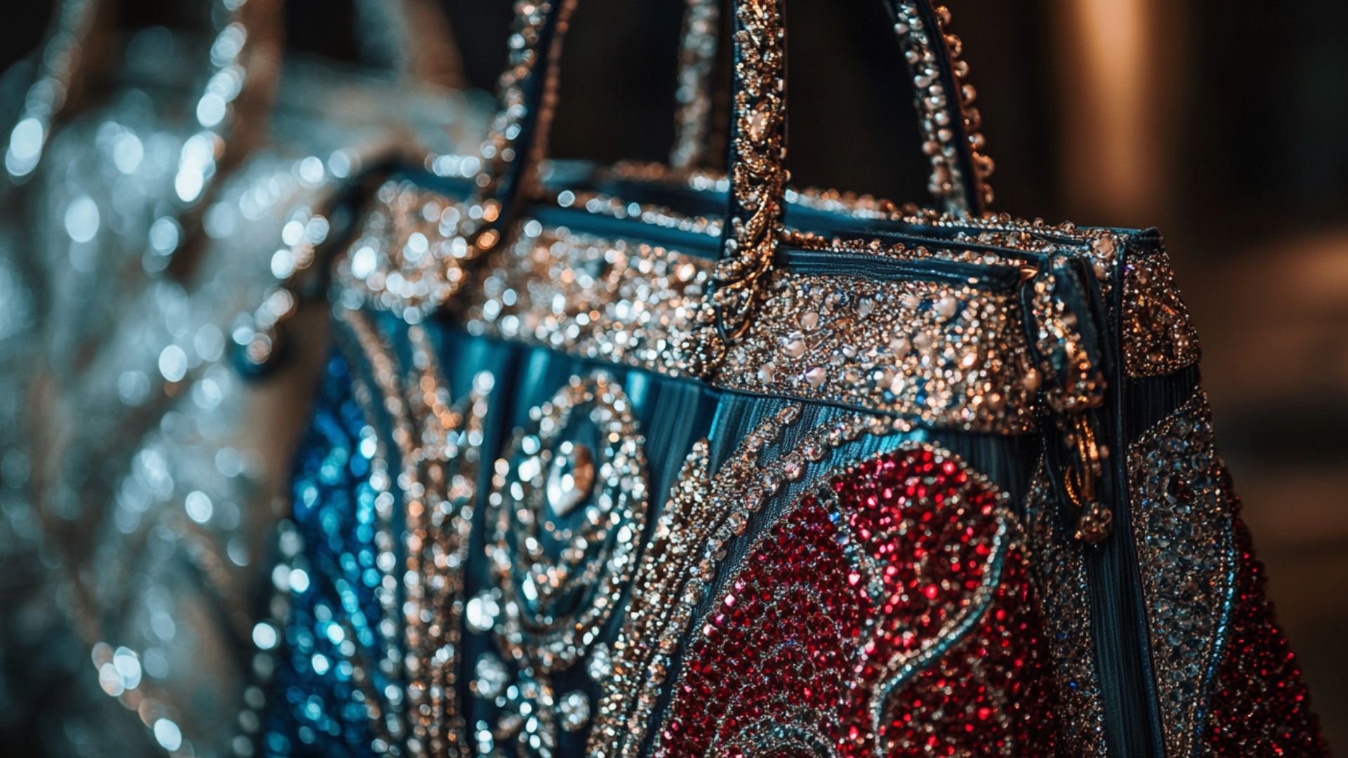 Beaded evening dress paired with a luxury clutch bag