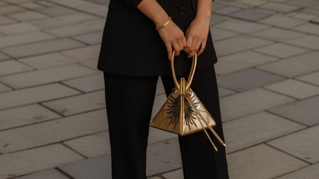 Woman styling a pyramid purse with modern geometric fashion