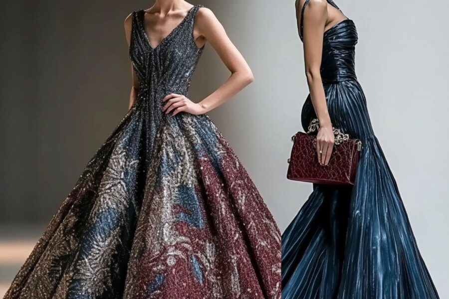 Elegant evening gown with designer evening clutch