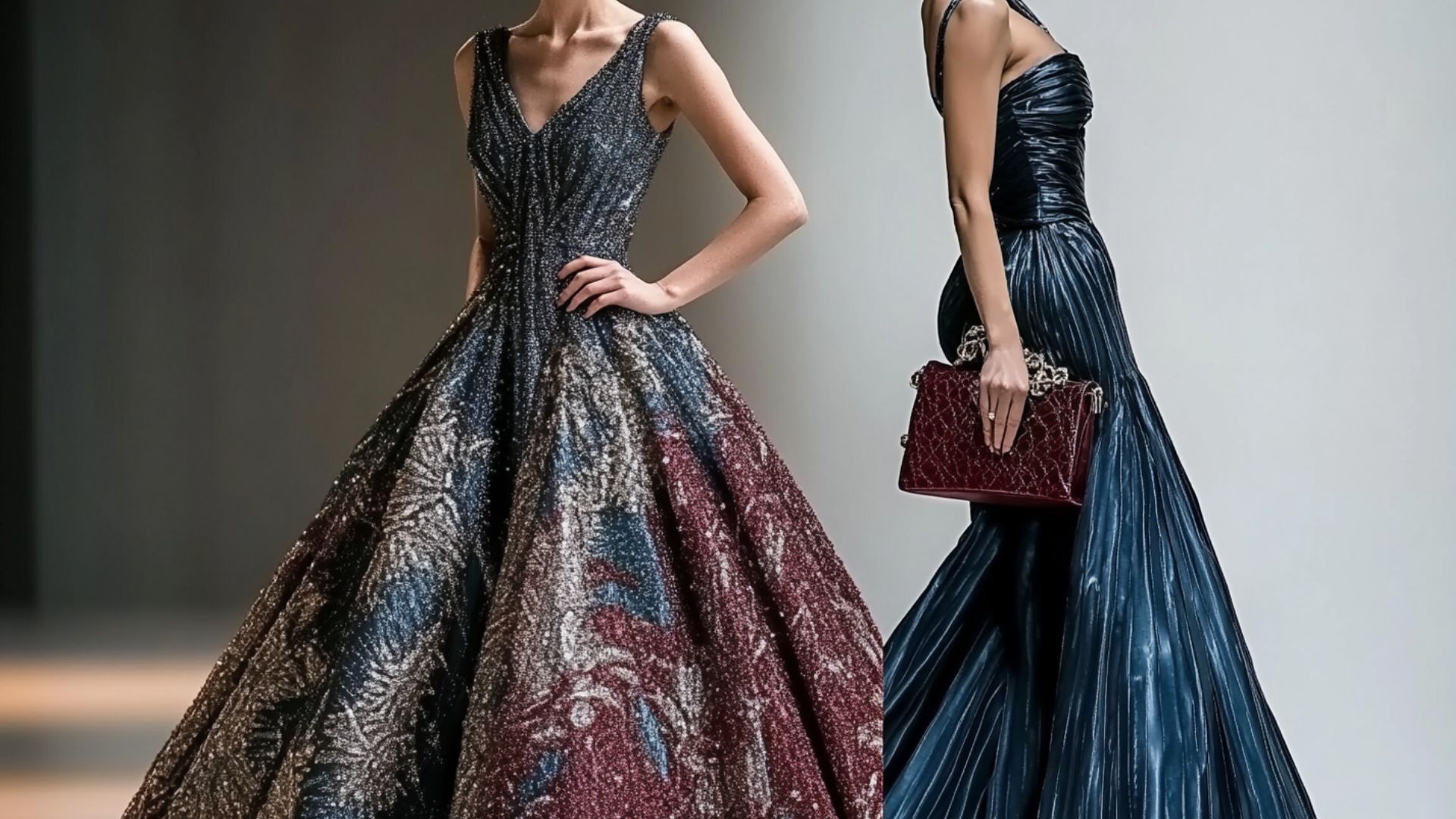 Elegant evening gown with designer evening clutch